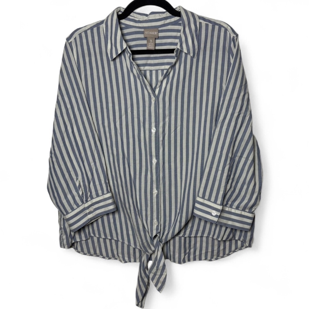 Chico’s Blue & White Striped Tie-Front Blouse | Size 3 (XL) Relaxed Fit